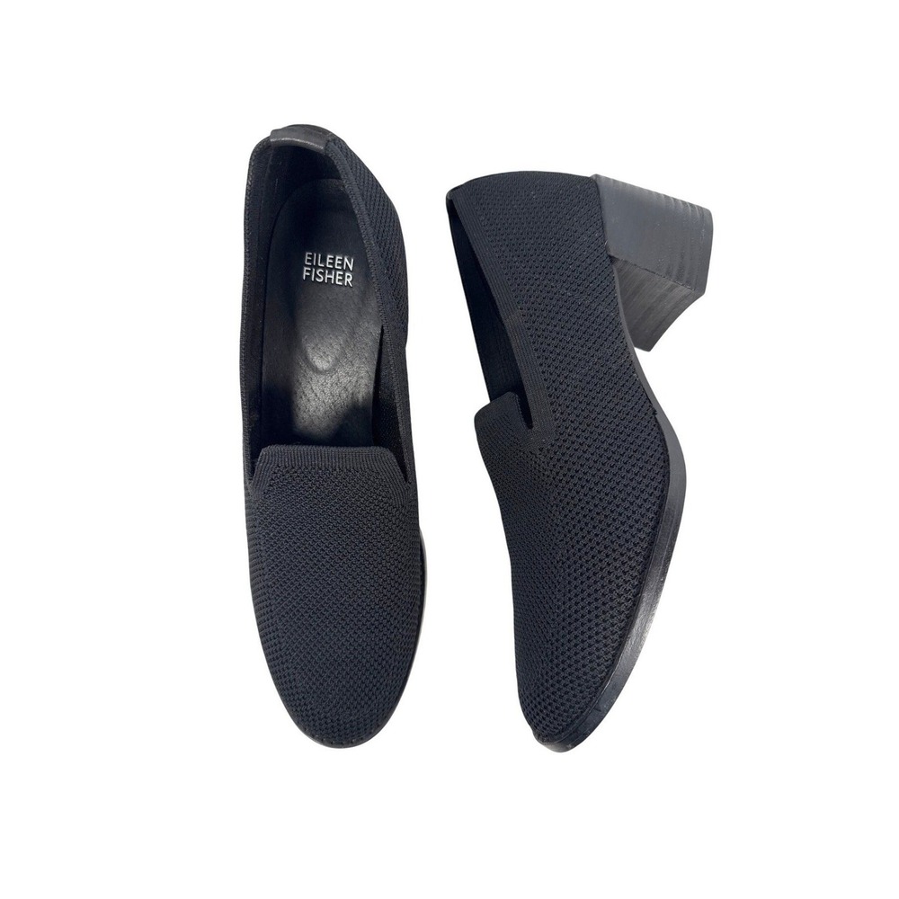 Eileen Fisher Dern Loafers‎ Womens 10 Black Knit Block Heel Slip On Shoe Stretch